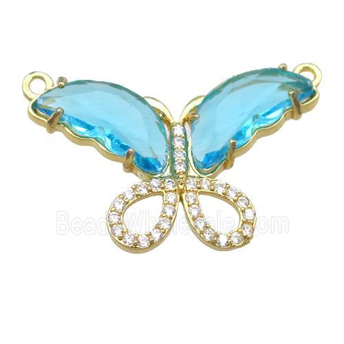aqua Crystal Glass Butterfly Pendant with 2loops, gold plated