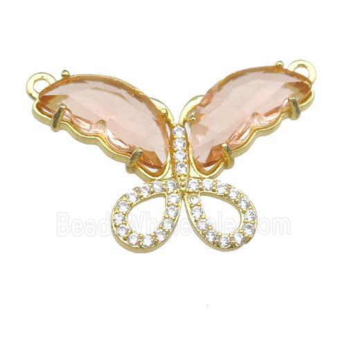 peach Crystal Glass Butterfly Pendant with 2loops, gold plated