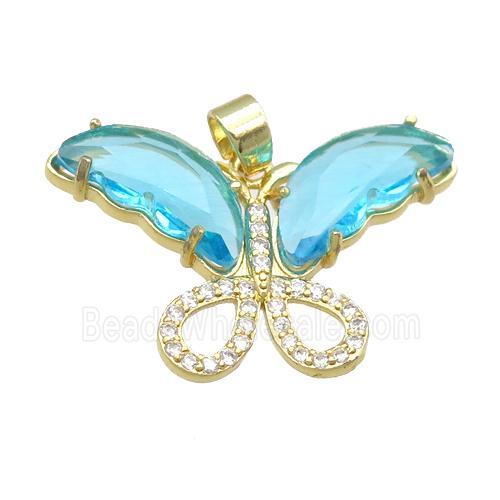 aqua Crystal Glass Butterfly Pendant, gold plated