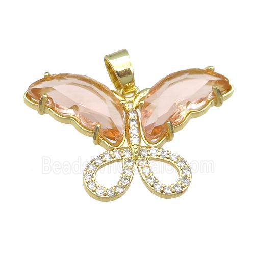 peach Crystal Glass Butterfly Pendant, gold plated