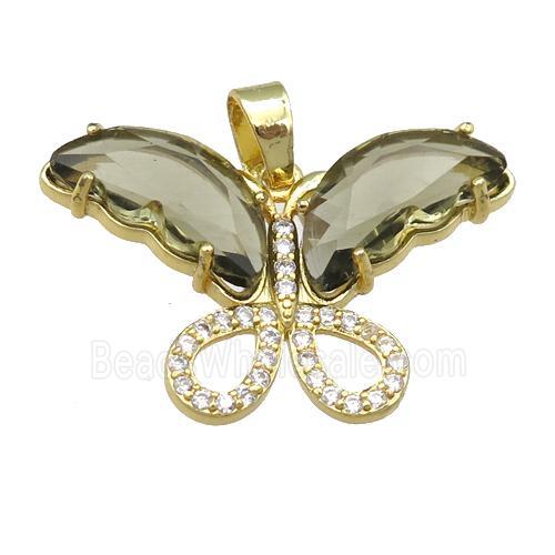 smoky Crystal Glass Butterfly Pendant, gold plated