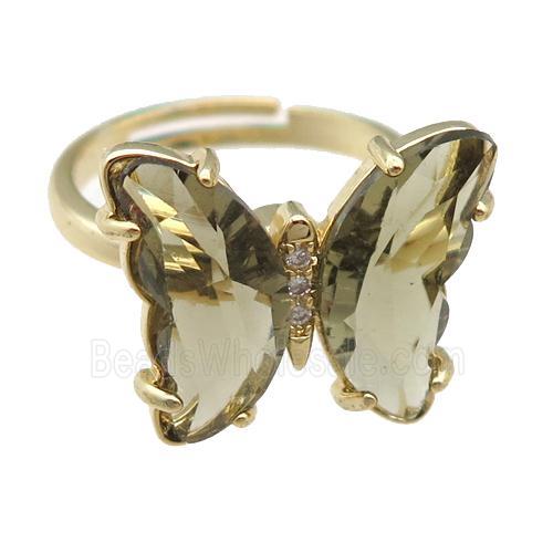 smoky Crystal Glass Butterfly Spinner Rings, adjustable, gold plated
