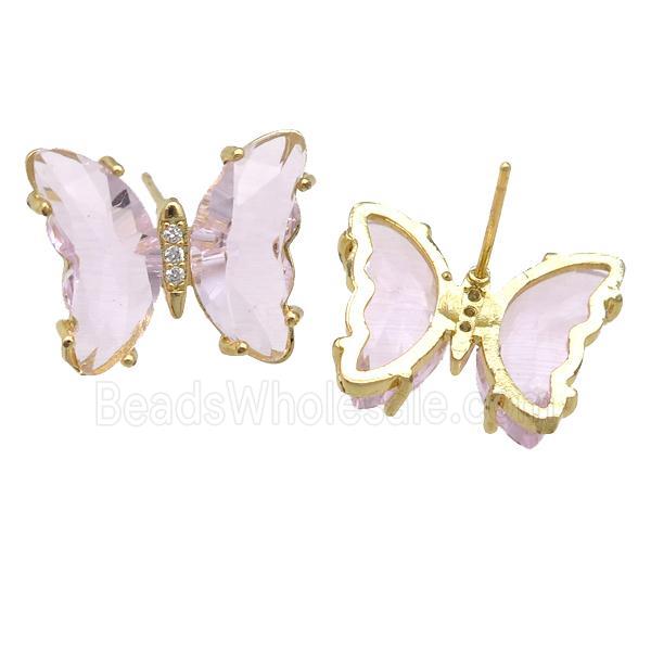 lt.pink Crystal Glass Butterfly Stud Earrings, gold plated