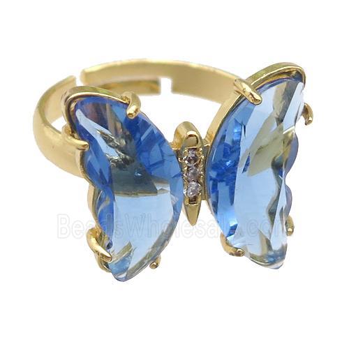 blue Crystal Glass Butterfly Rings, gold plated