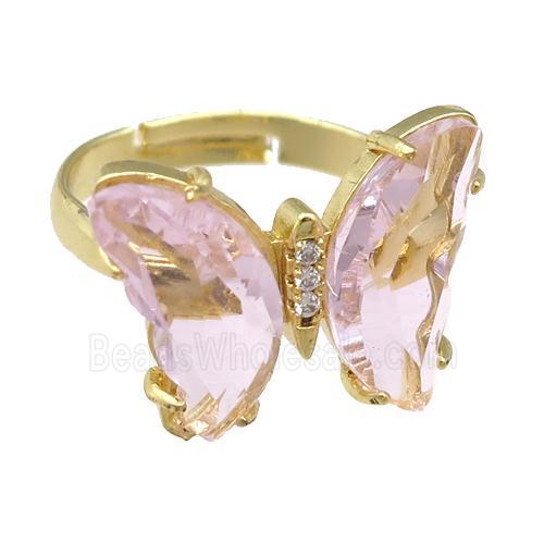 lt.pink Crystal Glass Butterfly Rings, gold plated