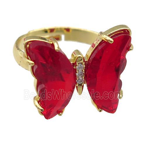 red Crystal Glass Butterfly Rings, gold plated