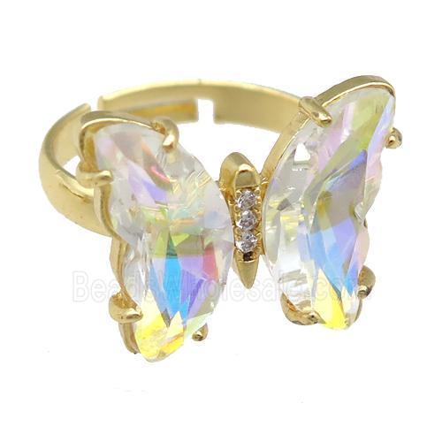 clear AB-color Crystal Glass Butterfly Rings, gold plated