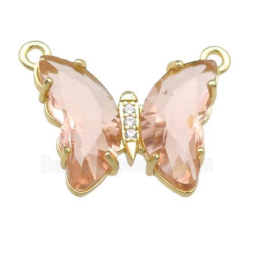 peach Crystal Glass Butterfly Pendant with 2loops, gold plated