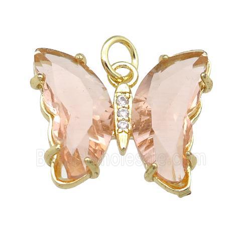 peach Crystal Glass Butterfly Pendant, gold plated