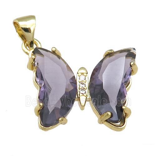 purple Crystal Glass Butterfly Pendant, gold plated