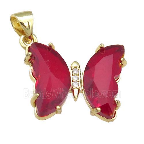 red Crystal Glass Butterfly Pendant, gold plated
