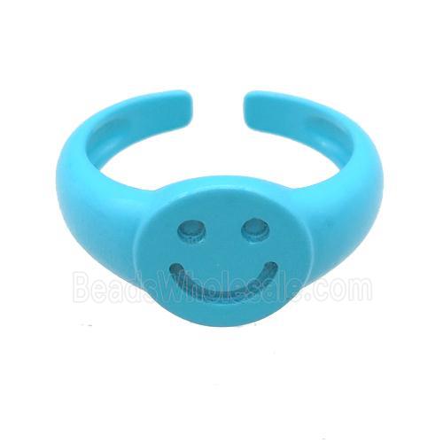 copper Rings with teal fire lacquered, smileface, adjustable