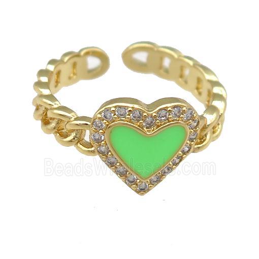 copper Rings with green enamel heart, adjustable, gold plated