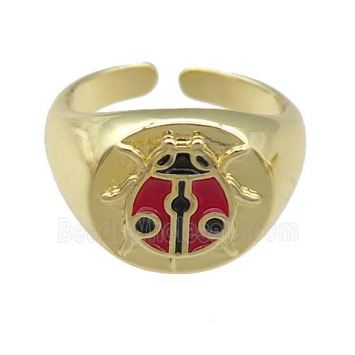 copper Rings with enamel beetle, adjustable, gold plated