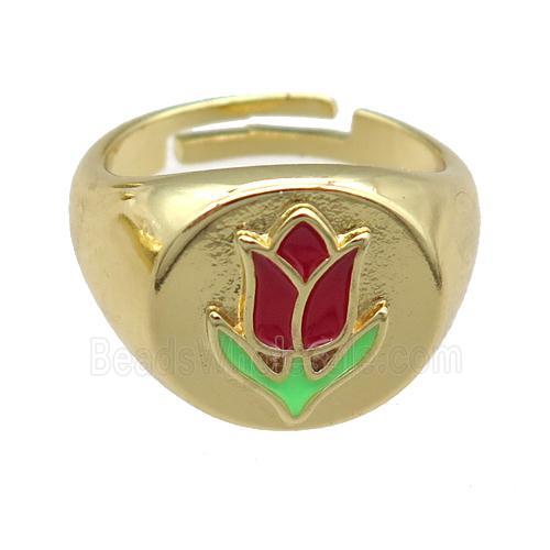 copper Rings with enamel lotus, adjustable, gold plated