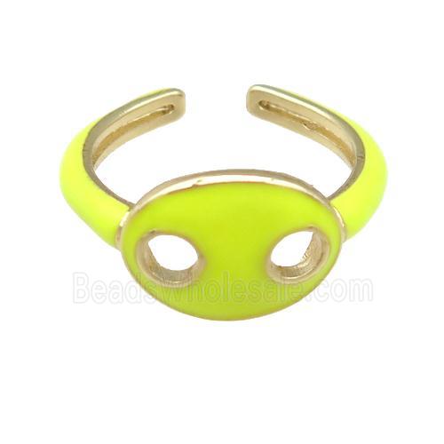 copper Rings with yellow enamel pignose, adjustable, gold plated
