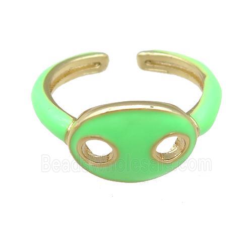 copper Rings with green enamel pignose, adjustable, gold plated