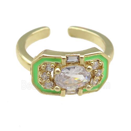 copper Rings pave zircon with green enamel, gold plated, adjustable
