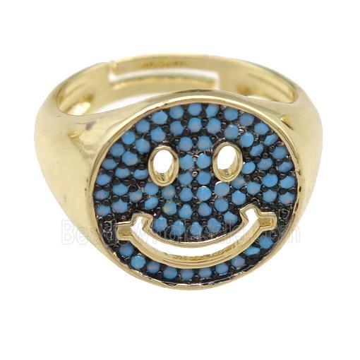 copper Emoji Rings pave turq zircon, smileface, gold plated, adjustable