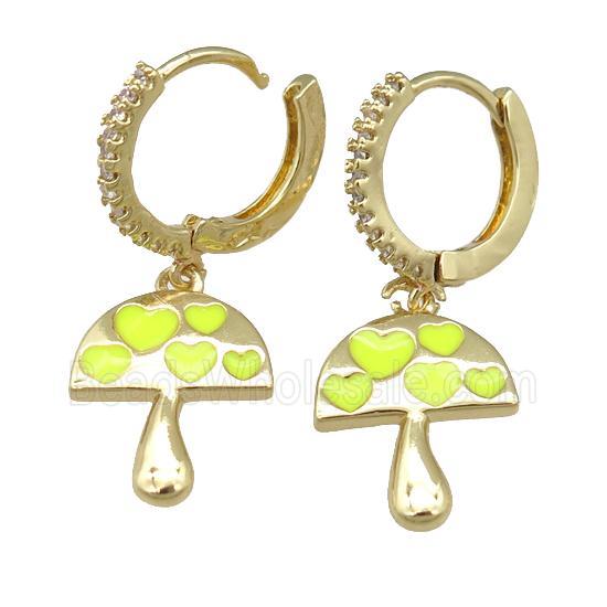 copper hoop Earring with yellow enamel mushroom, gold plated