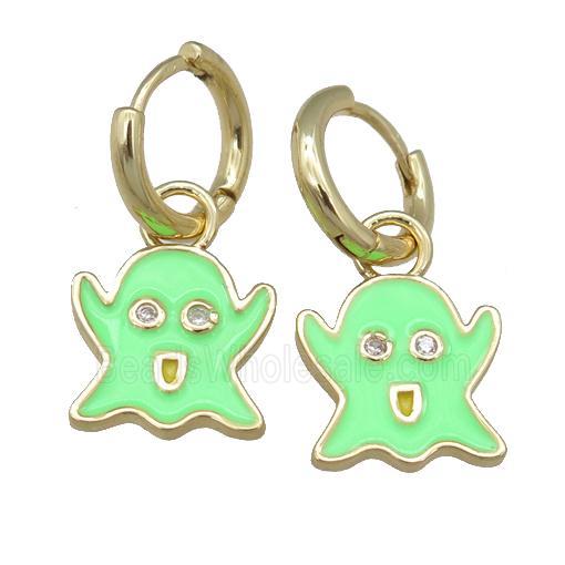 copper Hoop Earrings with green Enamel Ghost, gold plated