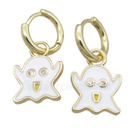 copper Hoop Earrings with white Enamel Ghost, gold plated