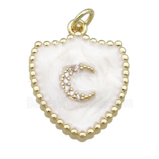 copper shield pendant with moon, white enamel, gold plated