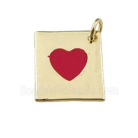 copper rectangle pendant with red enamel heart, gold plated