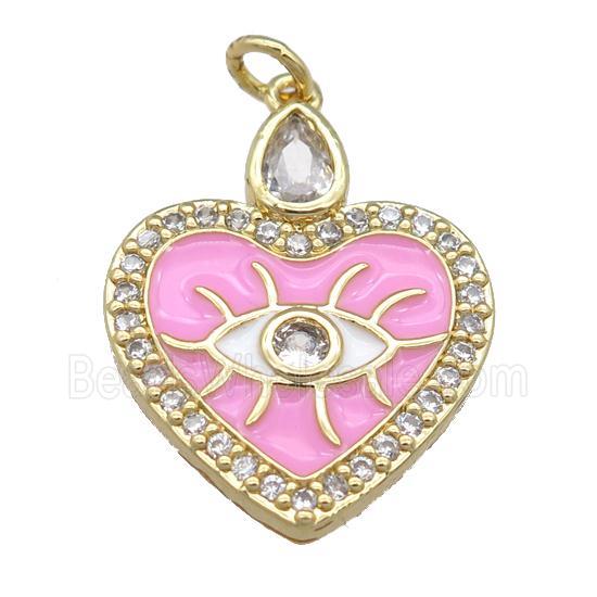 copper heart pendant with pink enamel, eye, gold plated