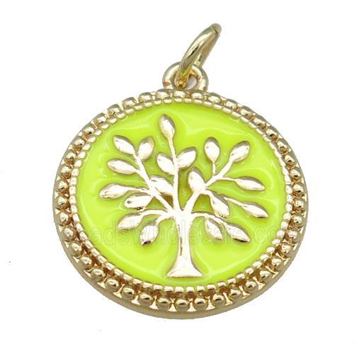 copper circle pendant with yellow enamel, tree, gold plated