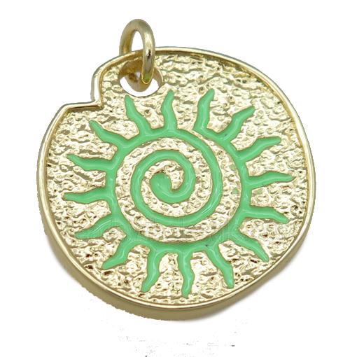 green Enamel Rebirth Symbols, copper pendant, gold plated