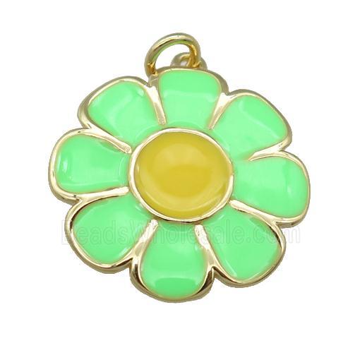 copper Sunflower pendant with green enamel, gold plated
