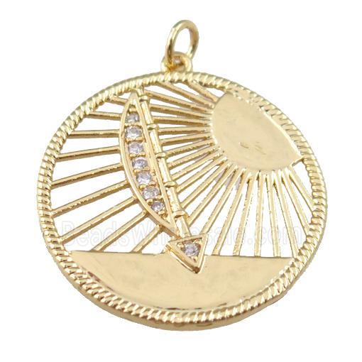 copper circle sun pendant paved zircon, boat, gold plated