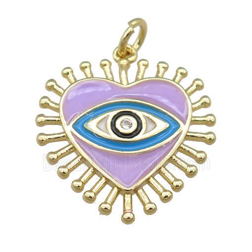 copper heart pendant with lavender enamel, eye, gold plated