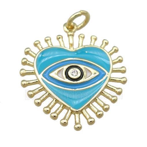 copper heart pendant with teal enamel, eye, gold plated
