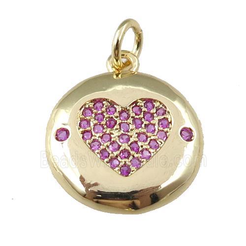 copper circle pendant pave zircon, hotpink heart, gold plated