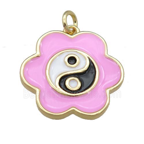 copper pink Enamel Taichi pendant, flower, gold plated