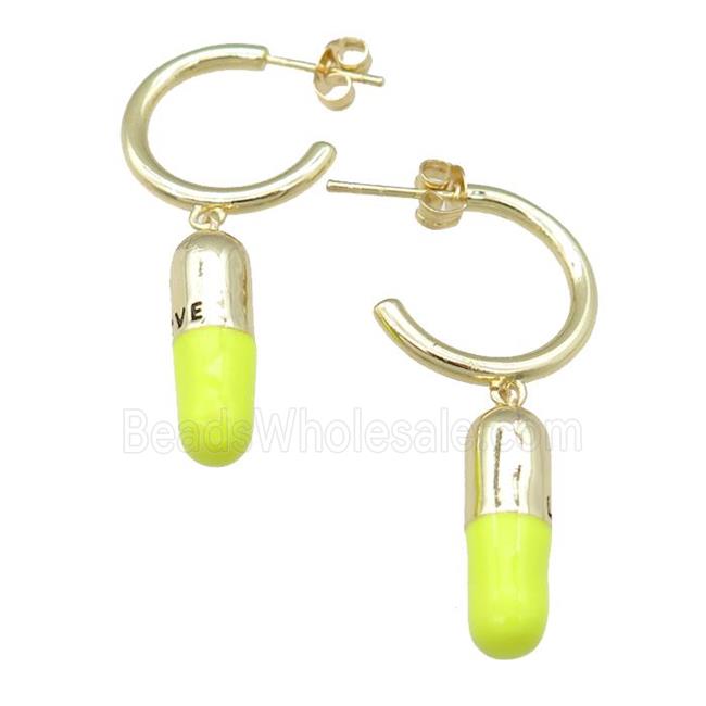 copper Stud Earring with yellow enamel pill, gold plated