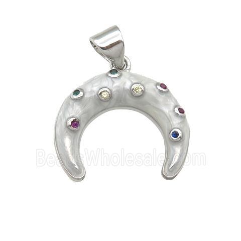 copper cerescent pendant with enamel pearlized resin, platinum plated