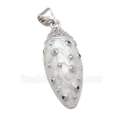 copper cicada pendant with enamel pearlized resin, platinum plated