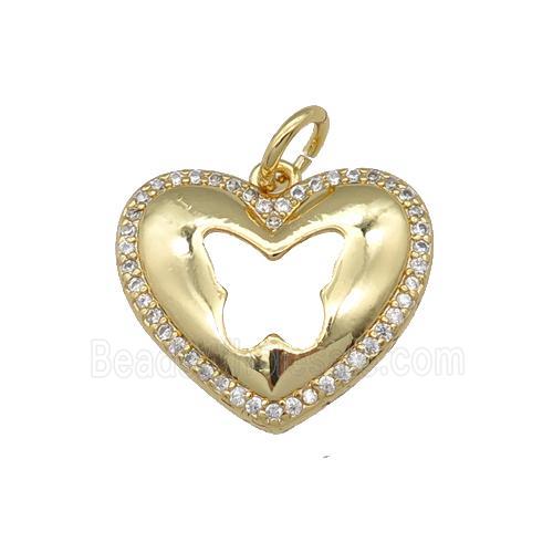 copper heart pendant pave zircon, butterfly, gold plated