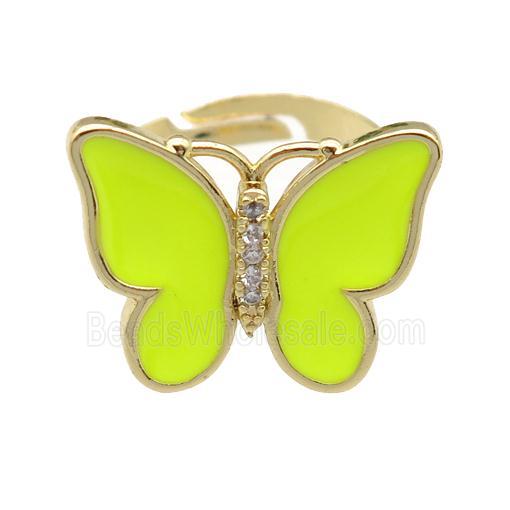 copper butterfly Rings with nenoyellow enamel, adjustable, gold plated