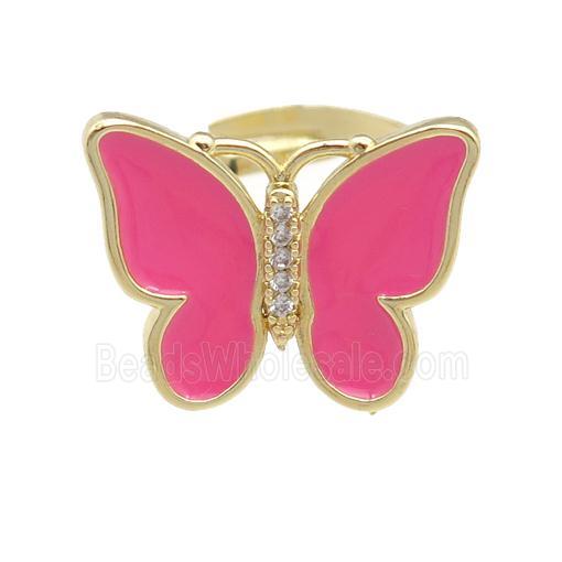 copper butterfly Rings with hotpink enamel, adjustable, gold plated