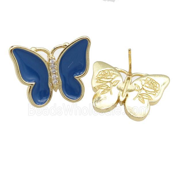 copper butterfly Stud Earring with navyblue enamel, gold plated