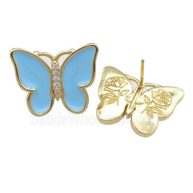 copper butterfly Stud Earring with lt.blue enamel, gold plated