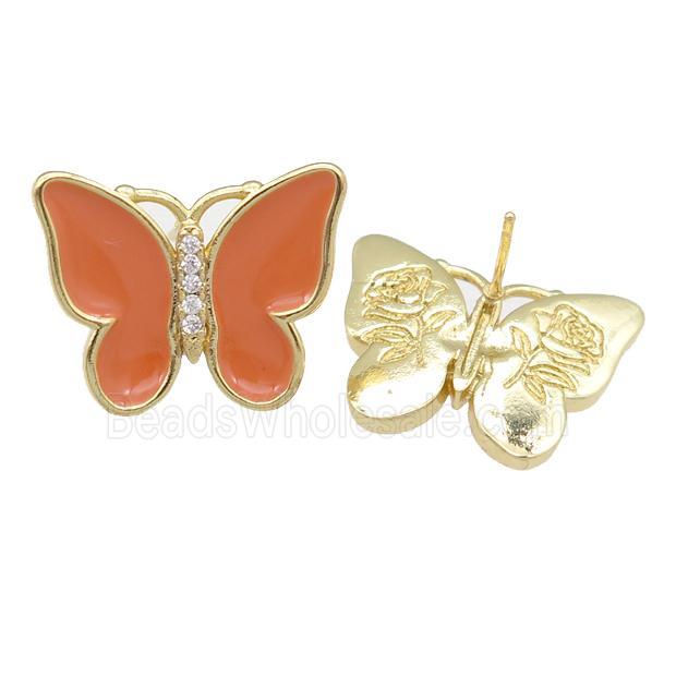 copper butterfly Stud Earring with orange enamel, gold plated
