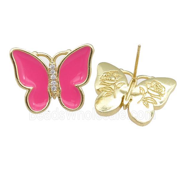 copper butterfly Stud Earring with hotpink enamel, gold plated