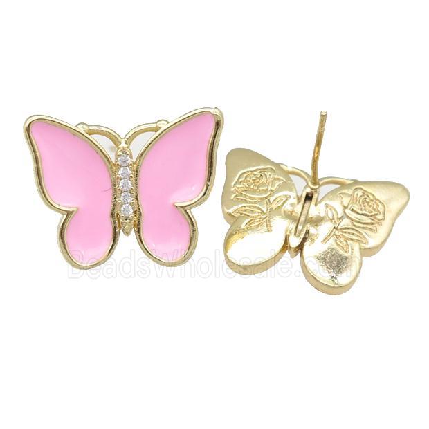 copper butterfly Stud Earring with pink enamel, gold plated