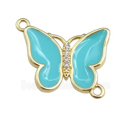 copper butterfly connector with teal enamel, gold plated