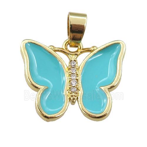 copper butterfly pendant with teal enamel, gold plated